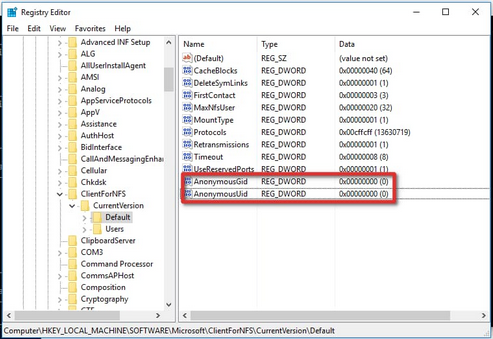 Windows 10 : Regedit NFS AnonymousUid et AnonymousGid